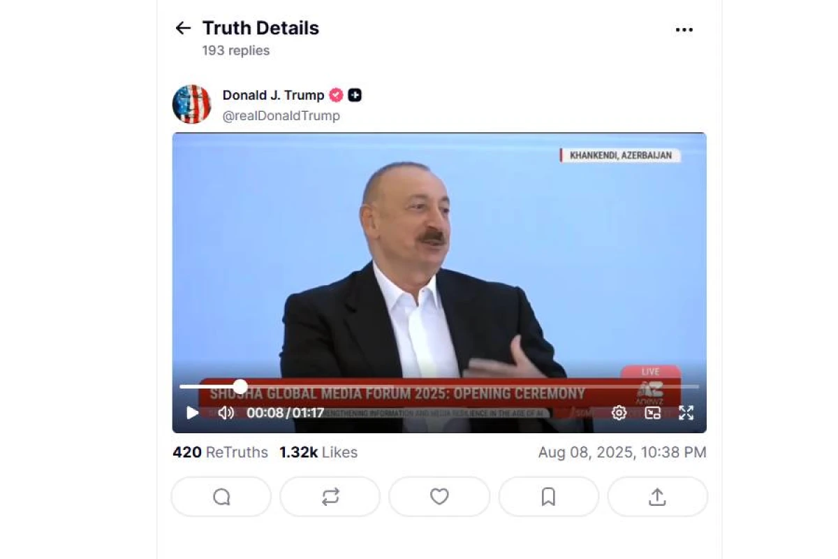 Tramp yenidən Prezident İlham Əliyevin çıxışını paylaşdı