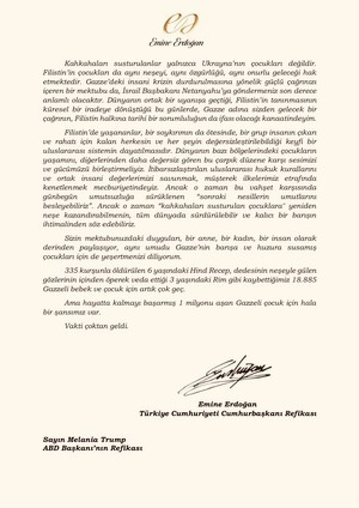 Əminə Ərdoğan Qəzzada uşaqların vəziyyəti ilə bağlı Melaniya Trampa məktub ünvanladı — 1