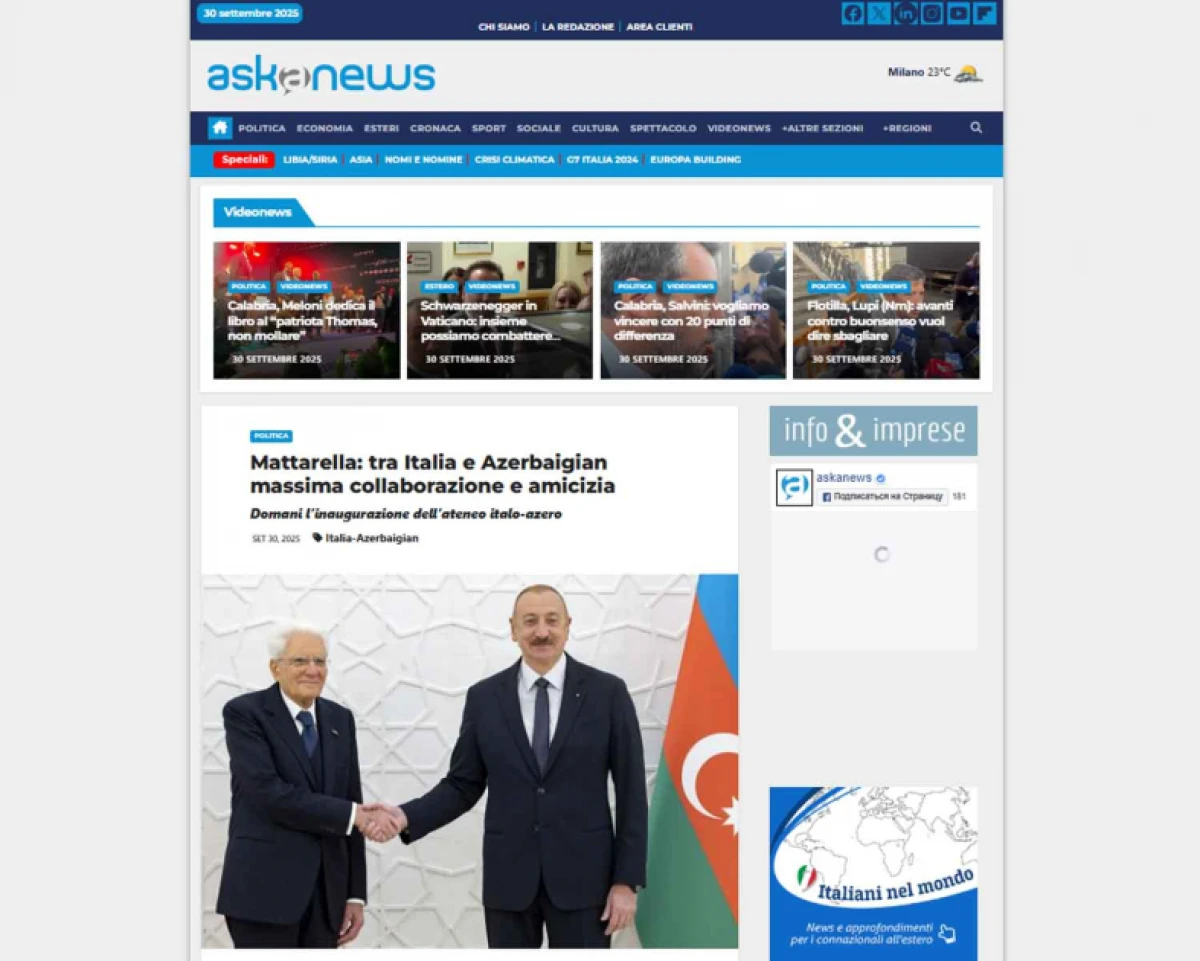 İtaliya mediası Prezident Sercio Mattarellanın Azərbaycana rəsmi səfərindən yazdı — 1