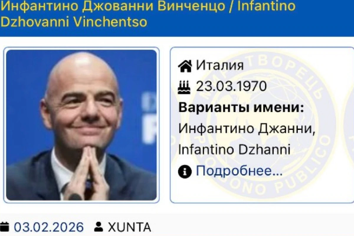 İnfantino "Mirotvorets"ə daxil edildi