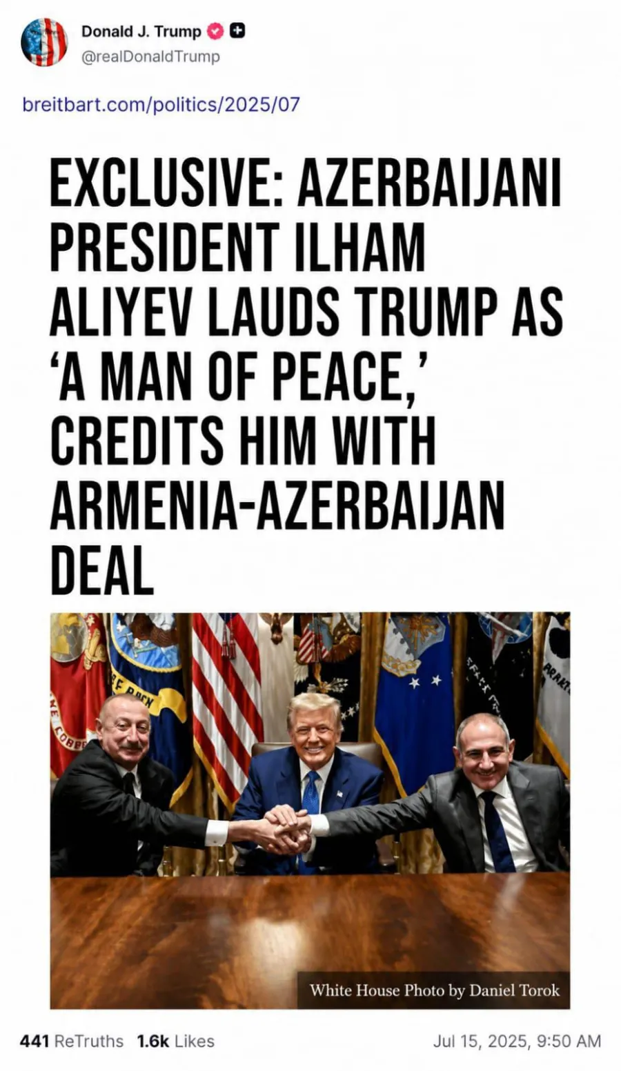 Трамп поделился словами Алиева в «Truth Social» — ФОТО